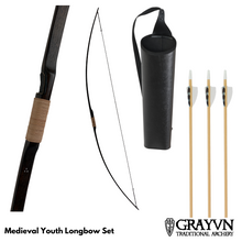 Load image into Gallery viewer, Medieval Youth Longbow plus Quiver and Arrows